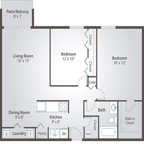 Floor plan for 2 beds, 1 bath, 997 sqft